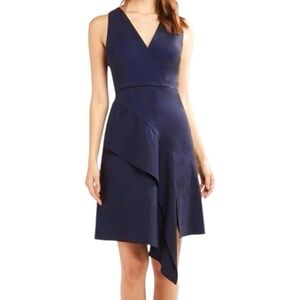 Elie Tahari Isa Dress Linen V-neck Ruffle Asymmetrical Hem Navy Size 6